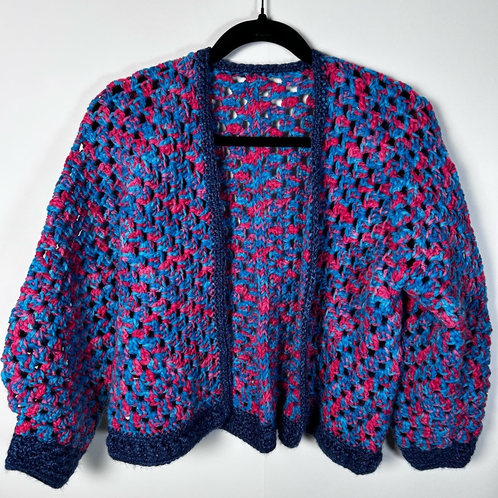 New Hand Made Crochet Pink Blue Cropped Cardigan Size L